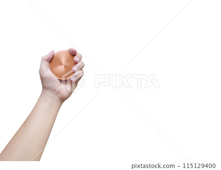 Holding a bronze coin on a white background Winner and success concept 115129400