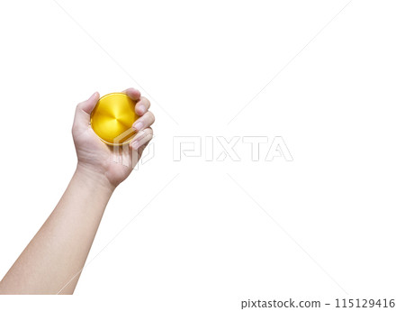 Holding gold medal on white background winner and success concept Holding gold medal on white background winner and success concept 115129416