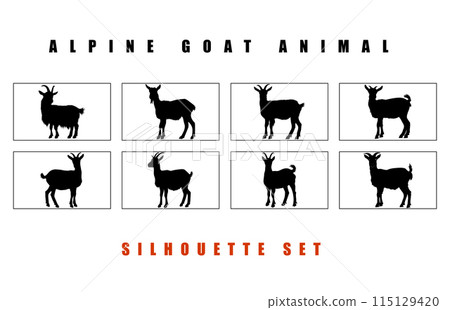 Set of Black Alpine Goat Silhouette, Alpine ibex silhouette illustration 115129420