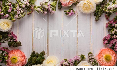 乾燥花和鮮花以及木質背景上的複製空間 115130342