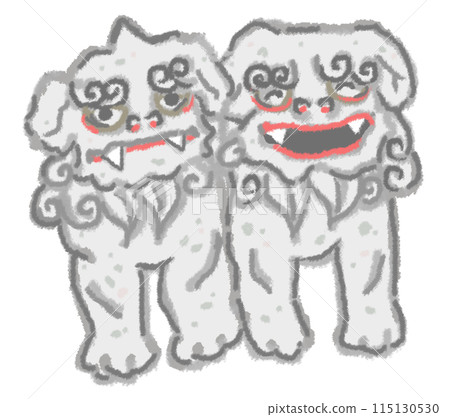 Illustration of a pair of guardian lion dogs at a shrine Illustration of a pair of guardian lion dogs at a shrine 115130530