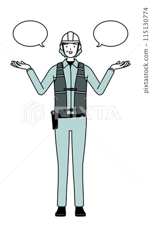 Senior female engineer in helmet and work clothes making a comparison with speech bubble Senior female engineer in helmet and work clothes making a comparison with speech bubble 115130774