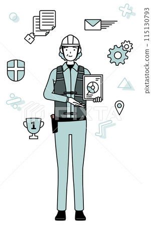 DX 是一位戴著頭盔、穿著工作服的高級女工程師，利用數位技術改善業務運營 115130793