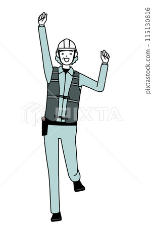 A senior female engineer in a helmet and work clothes jumping with a smile A senior female engineer in a helmet and work clothes jumping with a smile 115130816