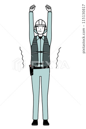 A senior female engineer in a helmet and work clothes stretching A senior female engineer in a helmet and work clothes stretching 115130817