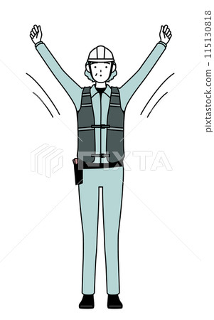 Senior female engineer in helmet and work clothes doing radio exercises Senior female engineer in helmet and work clothes doing radio exercises 115130818