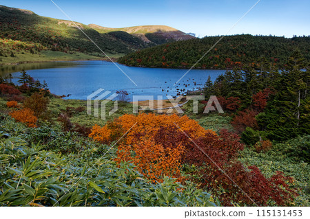 Azuma mountain range and Mount Issaikyo seen from Kamanuma lake with autumn leaves Azuma mountain range and Mount Issaikyo seen from Kamanuma lake with autumn leaves 115131453