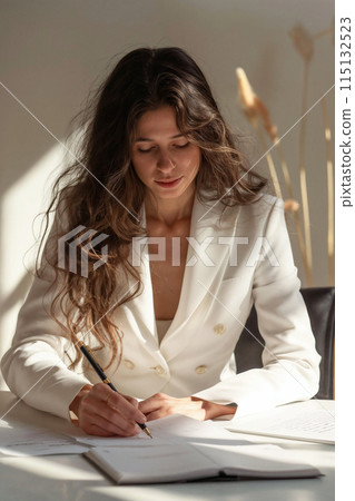 Young Woman Writing in Notebook at Desk 115132523