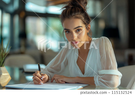Young Woman Writing at Table in Modern Interior 115132524