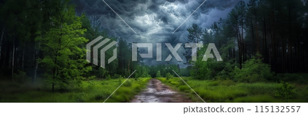 Forest road with dark clouds 115132557