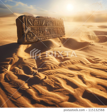 夕陽照亮的沙丘中的古老石碑 夕陽照亮的沙丘中的古老石碑 115132568