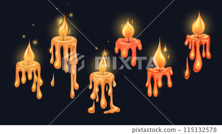 Vector set of flowing paraffin candles with fire and sparkles on dark background. Aromatherapy and festive icons. Cartoon candle Vector set of flowing paraffin candles with fire and sparkles on dark background. Aromatherapy and festive icons. Cartoon candle 115132578