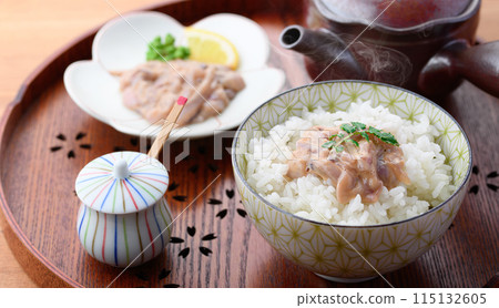 Shiokara squid served on hot rice 115132605