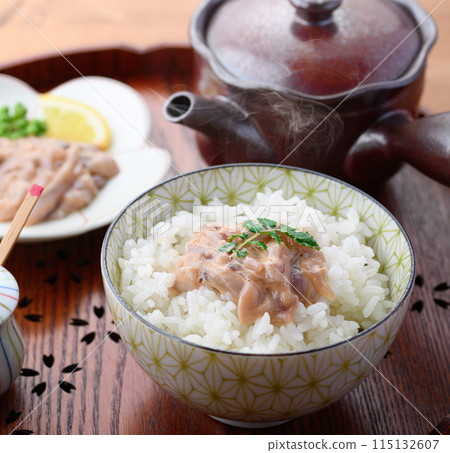 Shiokara squid served on hot rice Shiokara squid served on hot rice 115132607