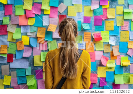 Woman in Yellow Jacket Viewing Colorful Paper Stickers and Sticky Notes on Wall, Back View 115132632