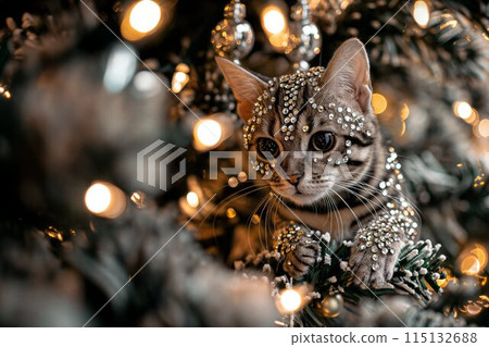 Cat Decorated with Rhinestones in Christmas Tree, New Year Celebration Holiday Cat Decorated with Rhinestones in Christmas Tree, New Year Celebration Holiday 115132688