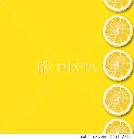 fresh sliced lemon pattern on yellow background. Top view and copy space. 115132734