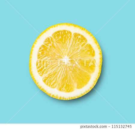 Fresh sliced lemon  poster on blue background. Top view, copy space and macro.  115132745