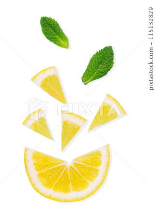 Flat lay of juicy slices of lemons and mint leaves on a light isolated background. Flat lay of juicy slices of lemons and mint leaves on a light isolated background. 115132829