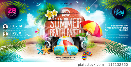 Summer Beach Party Banner Flyer Design with Sunglasses and Beach Ball on Tropical Island with Typography Lettering on Vintage Wood Board Background. Vector Summer Holiday Illustration with Exotic Palm 115132860