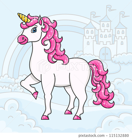 Cute unicorn. Magic fairy horse. Landscape with a beautiful castle. Cartoon character. Colorful vector illustration. Isolated on color background. Design element. 115132880