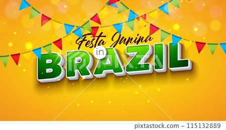 Festa Junina Illustration with Party Flags and 3d Brazil Letter on Yellow Background. Vector Brazil June Traditional Holiday Festival Design for Celebration Banner, Greeting Card, Invitation or Poster 115132889