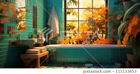 Modern bathroom with tub, sink, and window 115133653