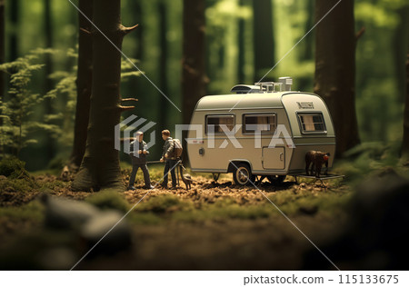 People standing next to trailer in forest 115133675