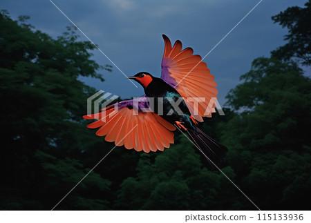 Colorful bird flying with trees in background 115133936