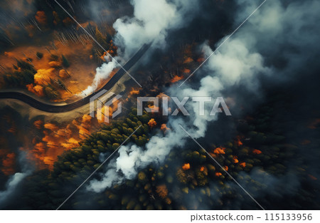 Aerial view of road surrounded by smoke and trees Aerial view of road surrounded by smoke and trees 115133956