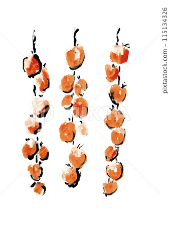 A nostalgic, rustic, Japanese-style hand-drawn illustration of dried persimmons hanging A nostalgic, rustic, Japanese-style hand-drawn illustration of dried persimmons hanging 115134326