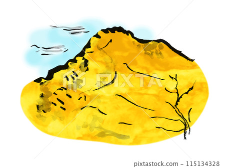日式手寫毛筆插畫，描繪遠處看秋葉的風景 115134328