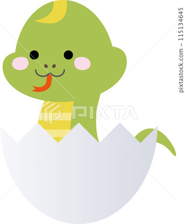A cute snake character laughing as it peeks out of an egg shell 115134645