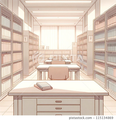 A library reading table surrounded by books A library reading table surrounded by books 115134869