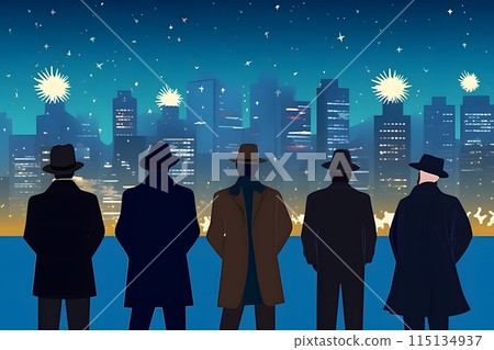 Group of people enjoying spectacular fireworks show in a carnival or holiday. People in silhouette. Neural network AI generated art 115134937