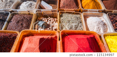 assortment of oriental turkish spices at arabic bazaar in Turkey 115134997