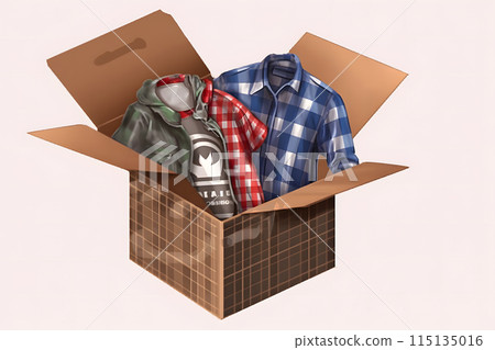 A stack of clothes in different colors in a box. The concept of conscious clothing consumption. Neural network AI generated art 115135016