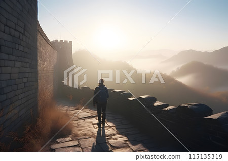 Man tourist walks along the Great Wall of China. Neural network AI generated art 115135319