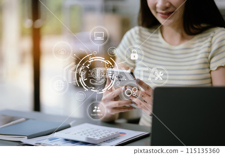Woman is using a smartphone and tablet to access the cloud computing system, Storage and data transfer Cloud network, Cloud technology. 115135360