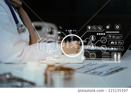 Medicine doctor hand working with modern digital tablet computer and smartphone interface as medical network concept. 115135397