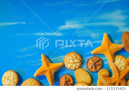 Summer background. Seashells and stars border on sand. Neural network AI generated art 115135421