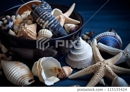 Summer background. Seashells and stars border on sand. Neural network AI generated art 115135424