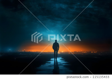 Man's silhouette in rays of light. Neural network AI generated art Man's silhouette in rays of light. Neural network AI generated art 115135433