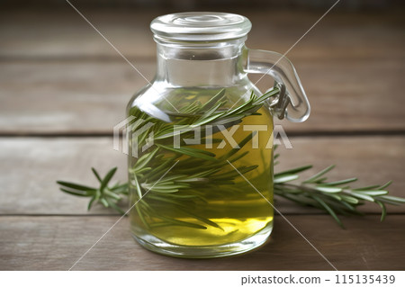 Bottles of pine essential oil and tree branch. Neural network AI generated art 115135439