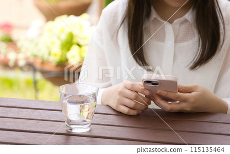 A young woman using a smartphone on a terrace 115135464