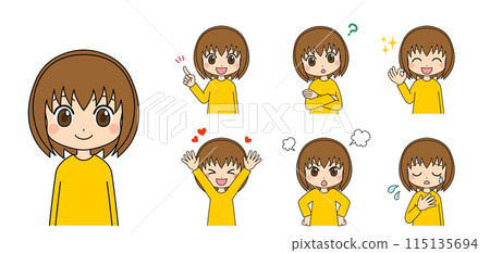 Anime-style female character illustrations in various poses set vector white background cute variation Anime-style female character illustrations in various poses set vector white background cute variation 115135694