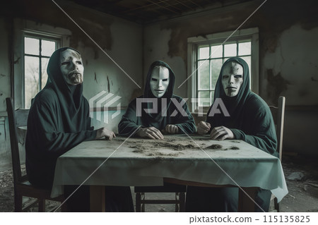 Haunted old castle with ghost family. Neural network AI generated art 115135825