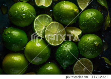 Wet Limes and slices of limes with water deops on a dark wooden background. Neural network AI generated art 115135842