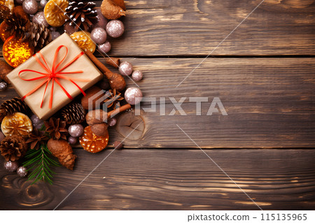 christmas gift box and decorations on a old wooden background. Neural network AI generated art christmas gift box and decorations on a old wooden background. Neural network AI generated art 115135965