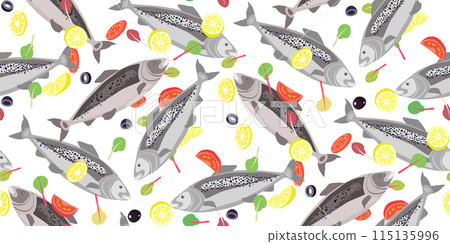 Red fish, sliced vegetables seamless pattern Red fish, sliced vegetables seamless pattern 115135996